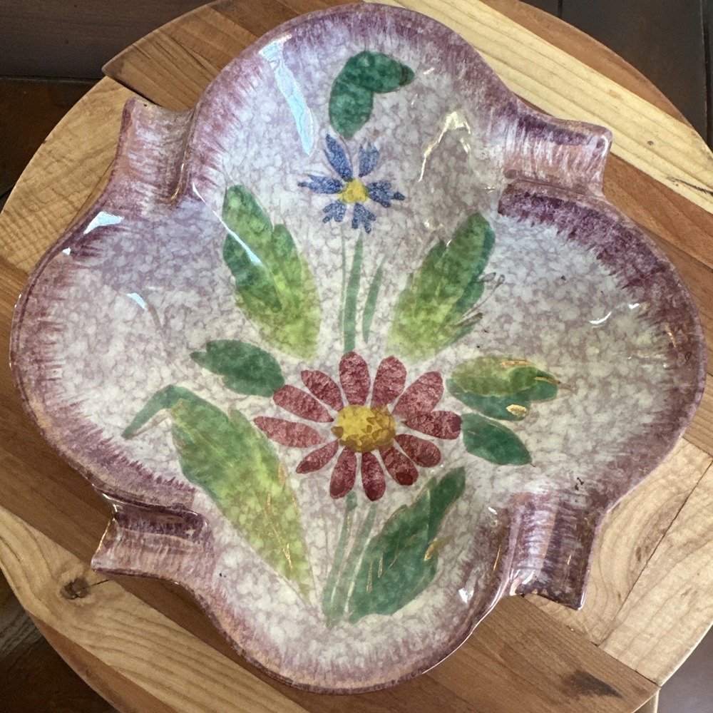 Vintage Italy Artisan Ashtray‎ 7 Inch Hand Painted Flowers Mid Century Ceramic